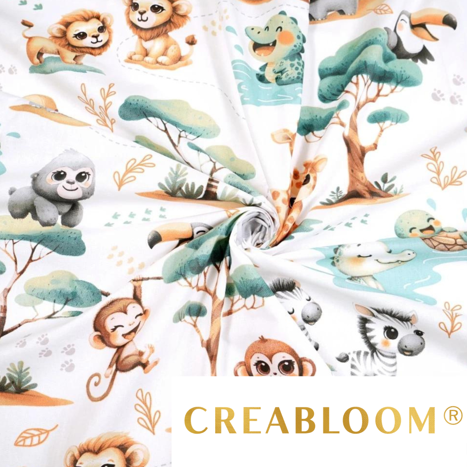 Tissu Coton Motif Animaux D’afrique Menthe Fond Blanc