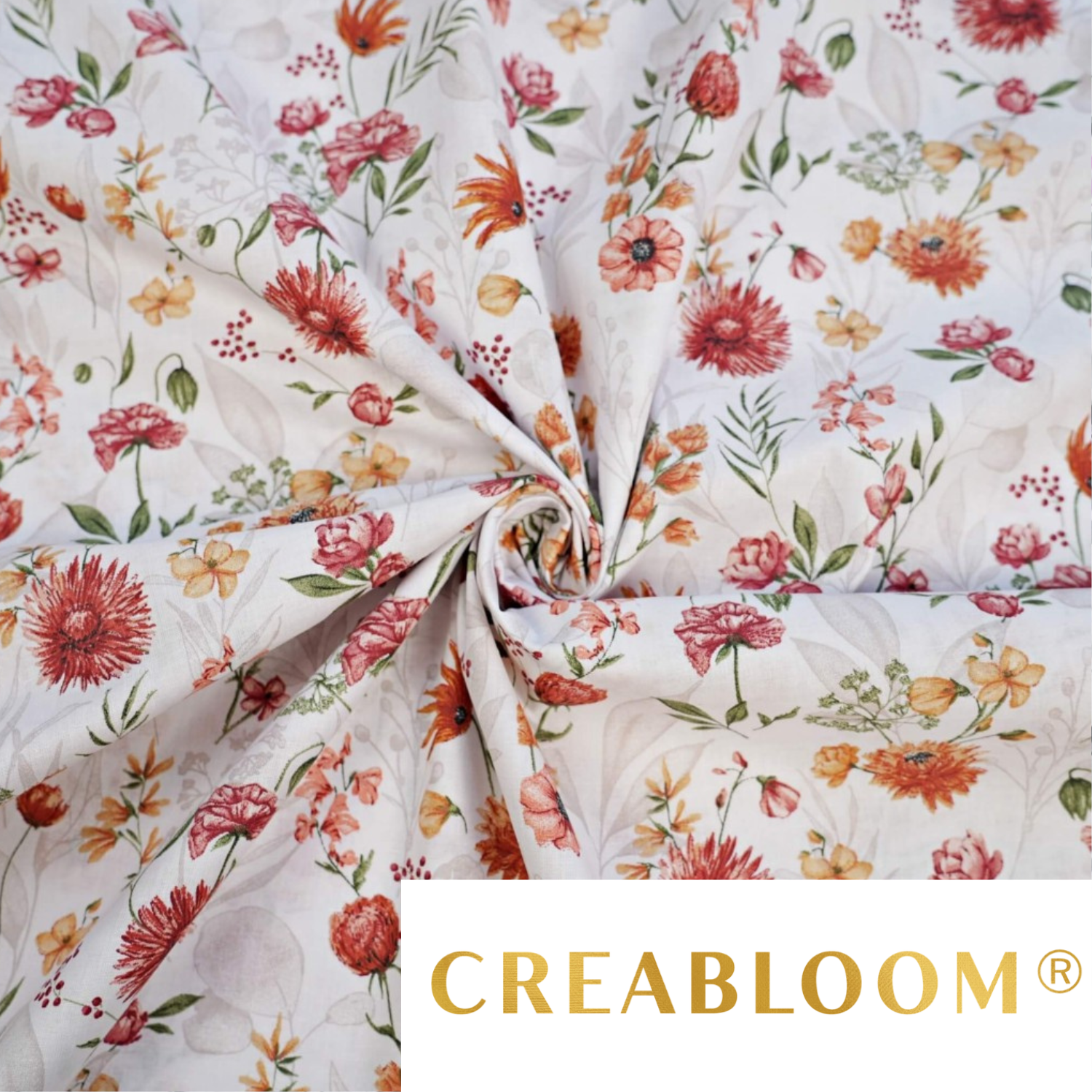 Tissu Coton Motif Fleurs Des Champs Rouge-Orange