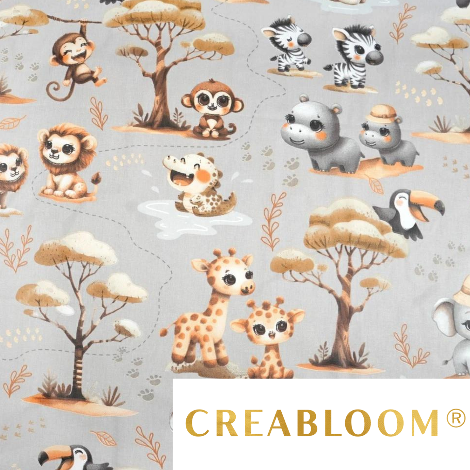 Tissu Coton Motif Animaux D’afrique Beige Fond Gris