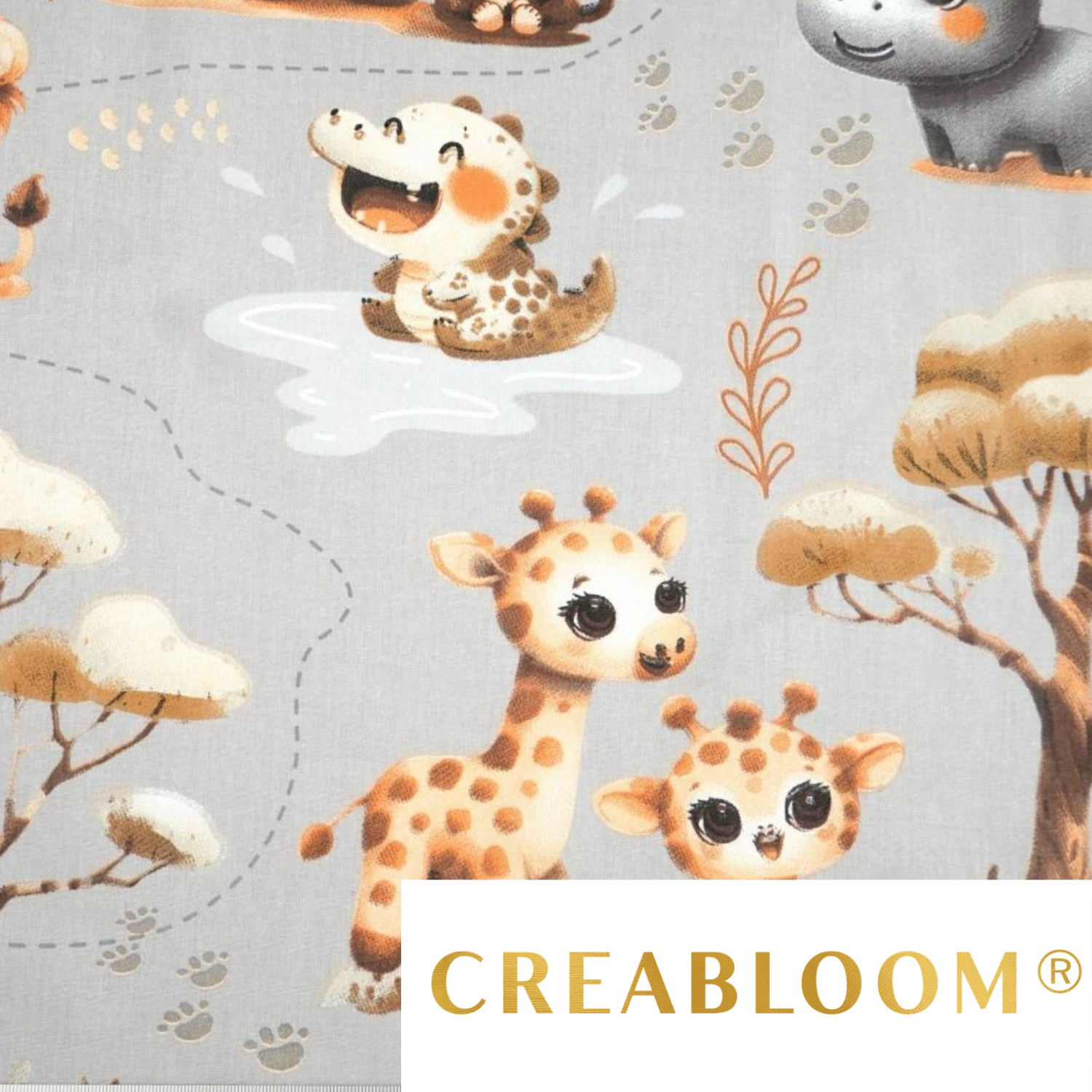 Tissu Coton Motif Animaux D’afrique Beige Fond Gris