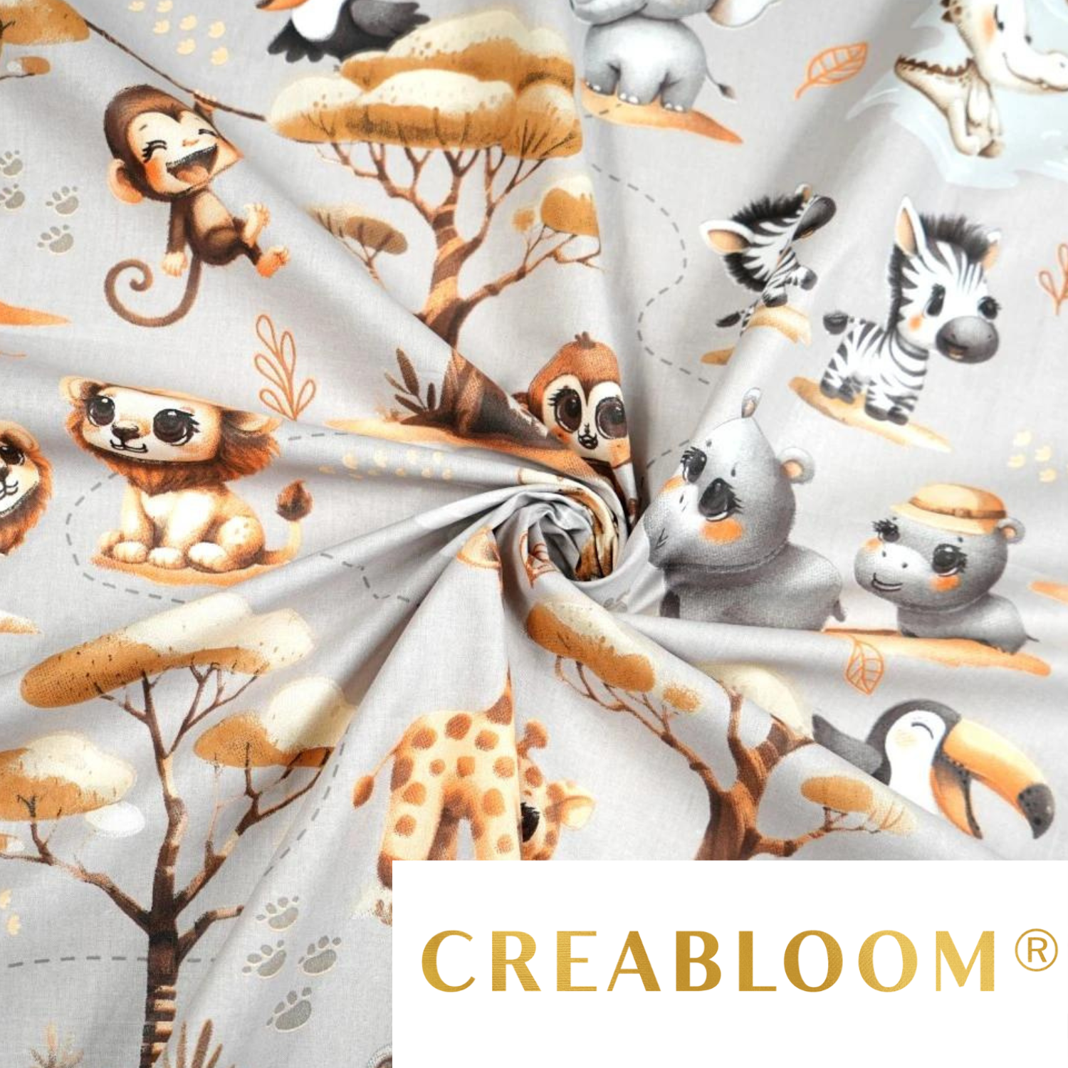 Tissu Coton Motif Animaux D’afrique Beige Fond Gris