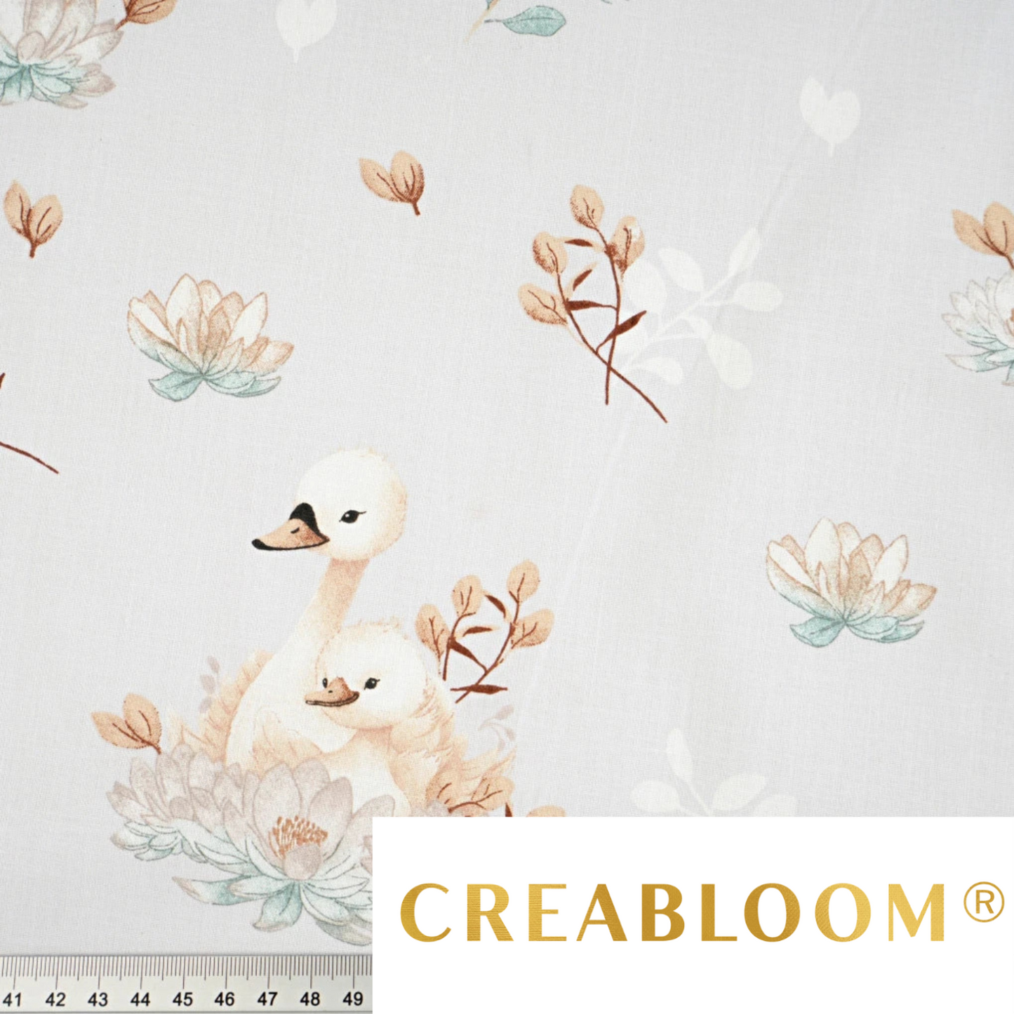 Tissu coton Motif cygnes - fond gris