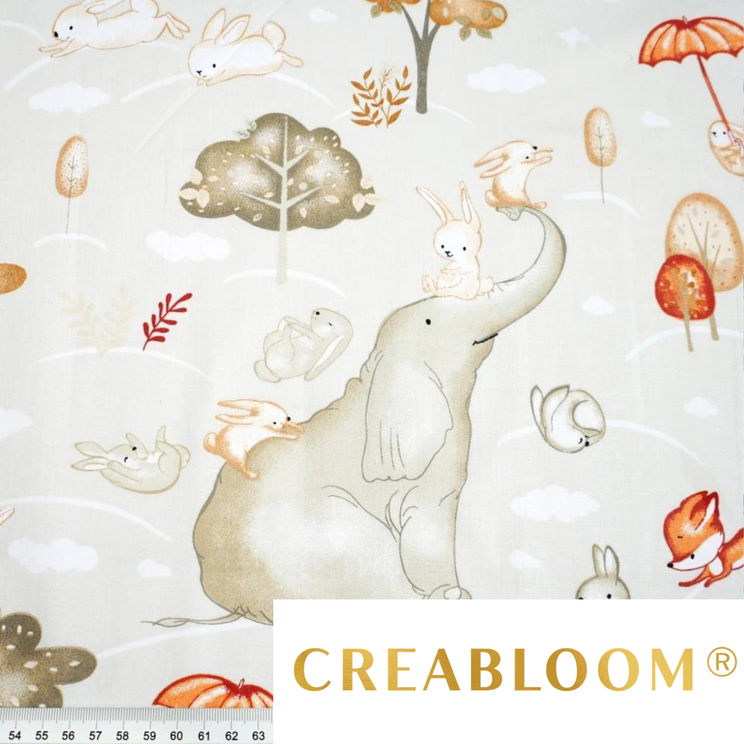 Tissu Coton Motif Grands Éléphants Fond Gris
