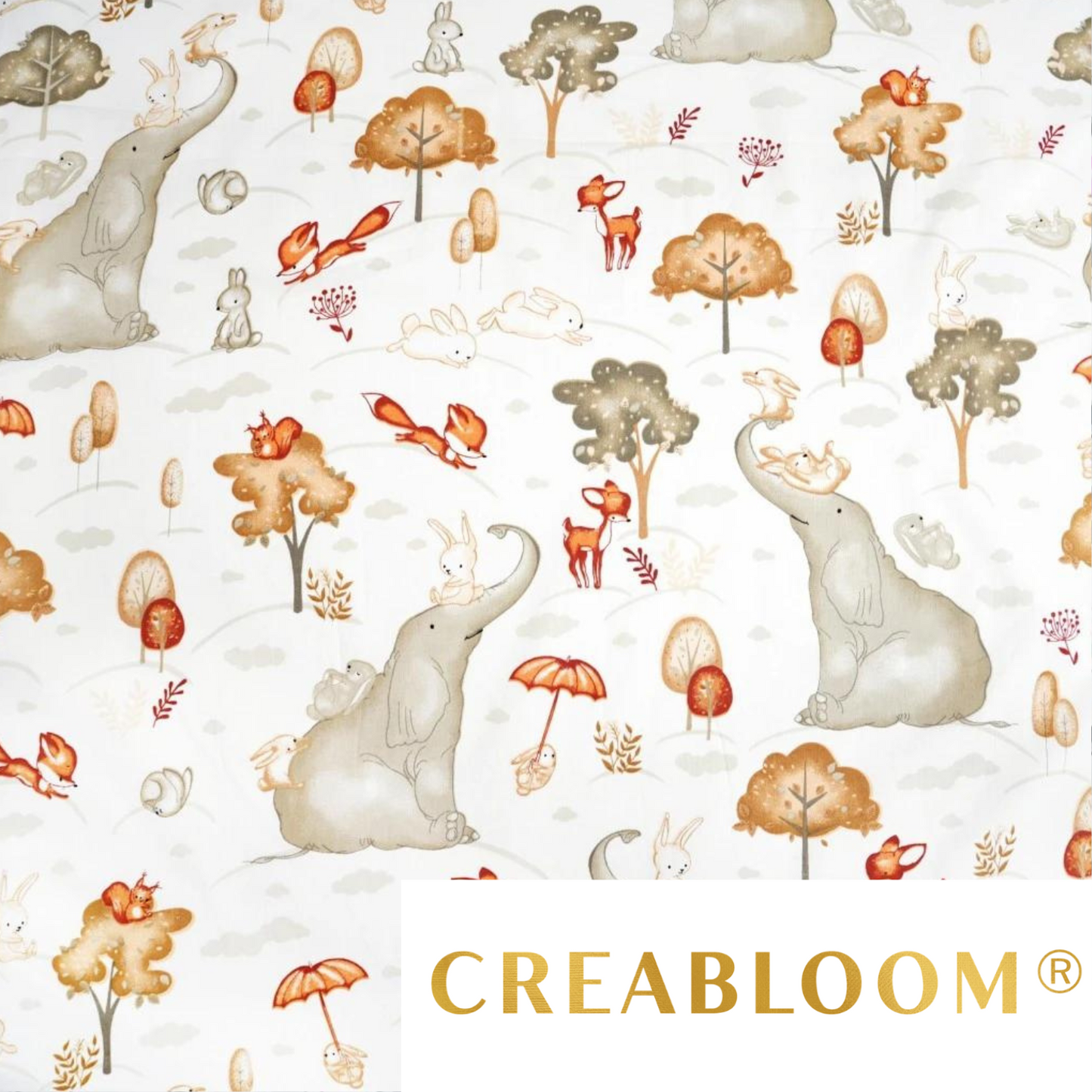 Tissu Coton Motif Grands Éléphants Fond Blanc