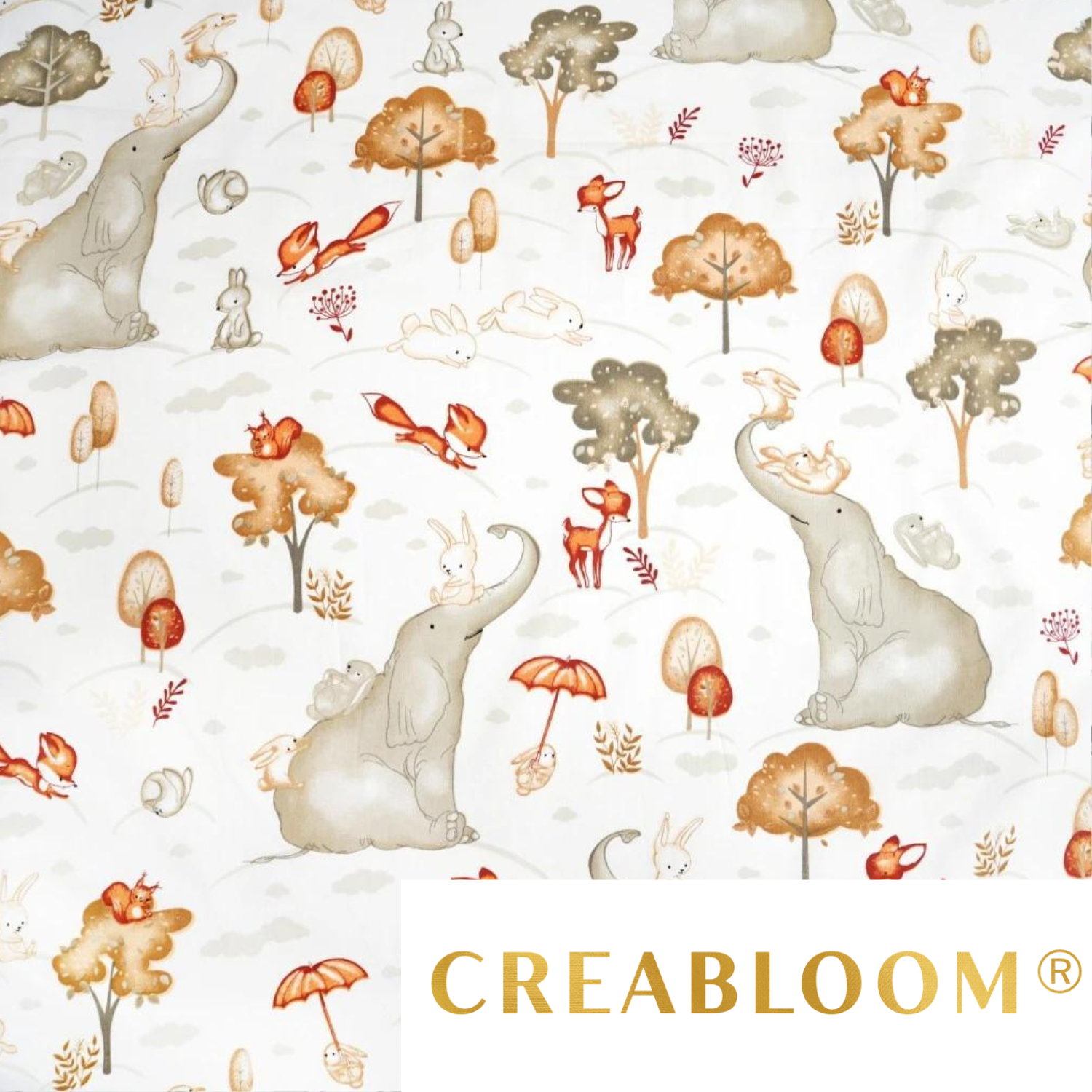 Tissu Coton Motif Grands Éléphants Fond Blanc
