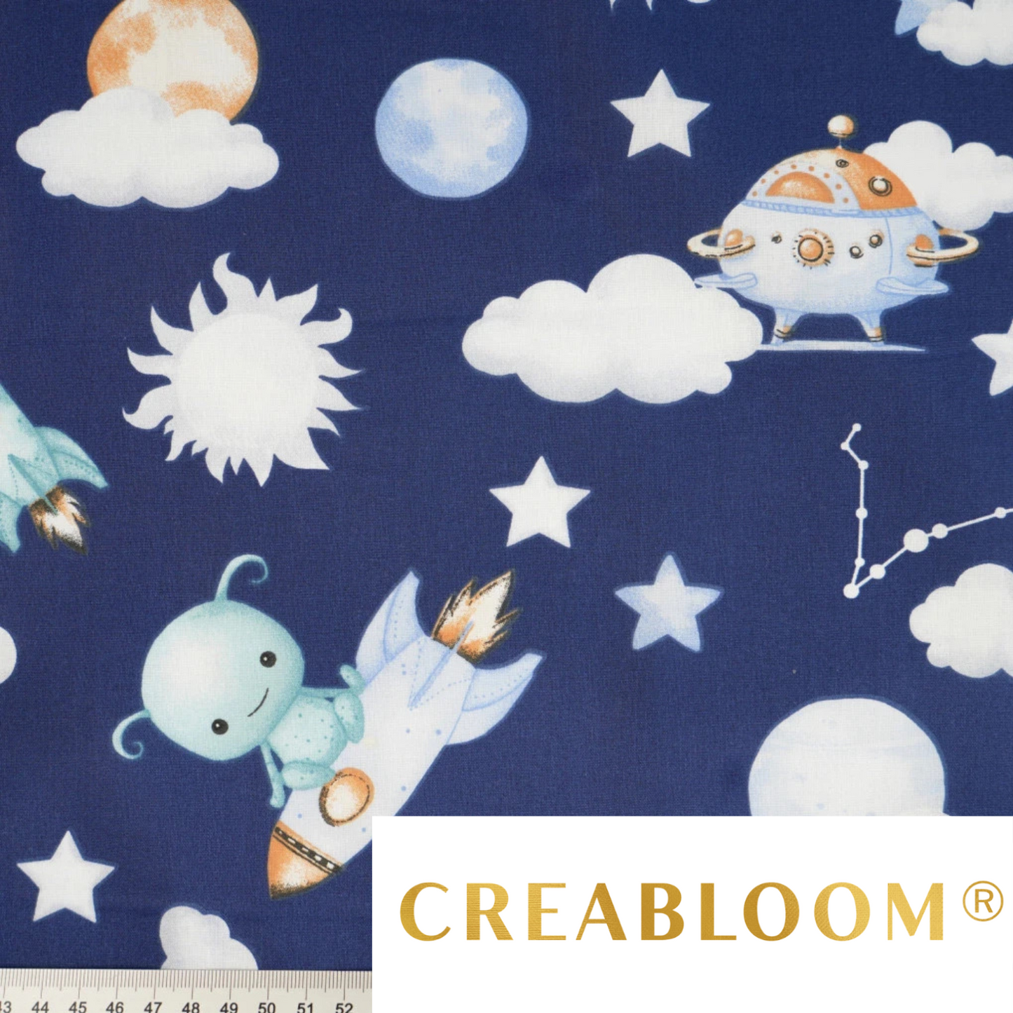 Tissu coton Motif extraterrestres dans l'espace - fond bleu marine