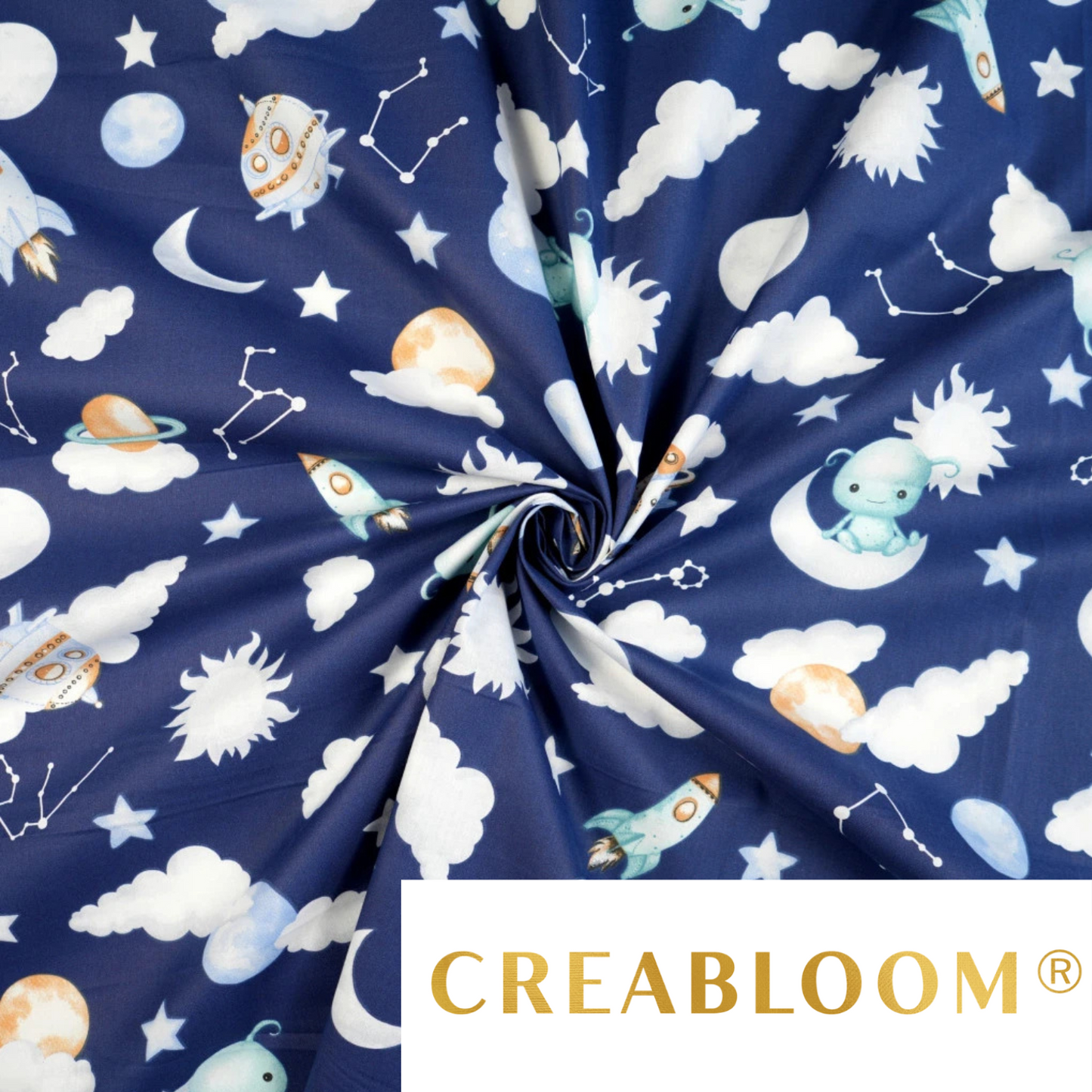 Tissu coton Motif extraterrestres dans l'espace - fond bleu marine