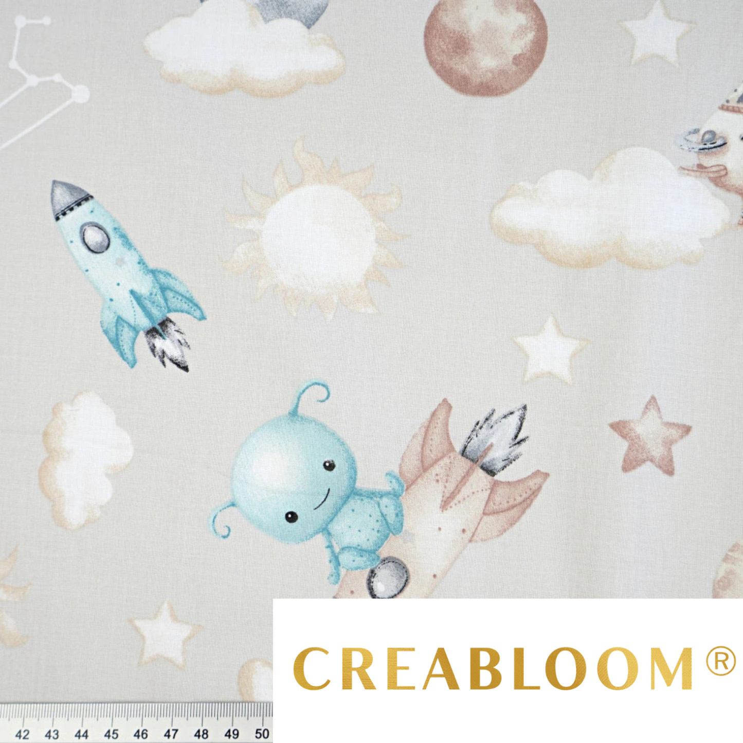 Tissu coton Motif extraterrestres dans l'espace - fond beige gris