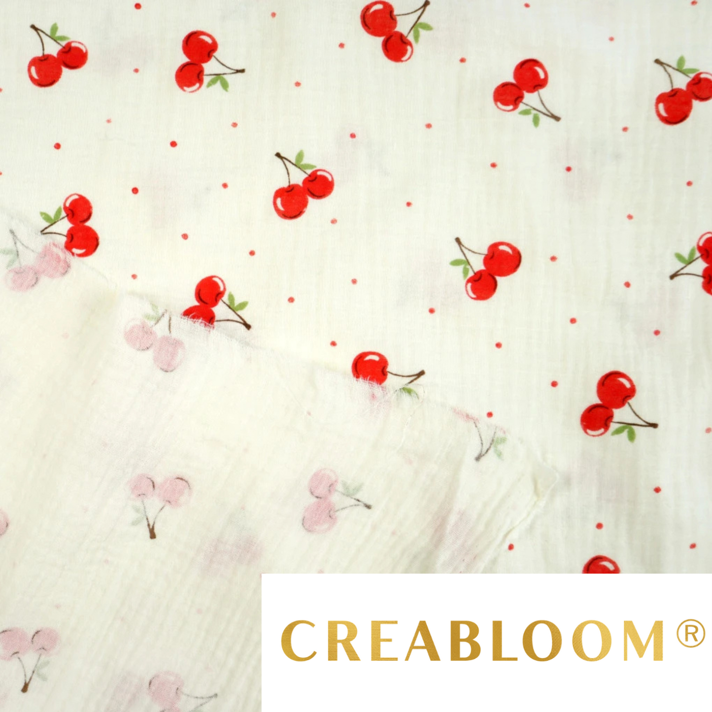 Tissu Double Gaze imprimé cerises - fond ecru
