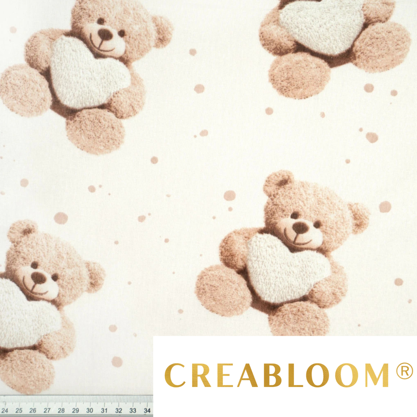 Tissu coton Motif oursons avec cœurs fond écru
