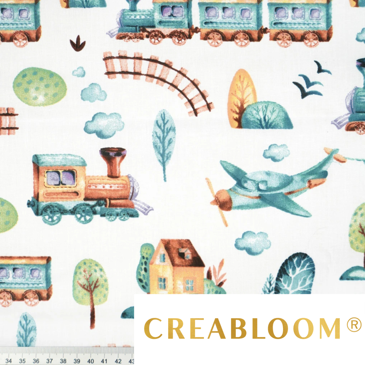 Tela de algodón con estampado de tren sobre fondo blanco