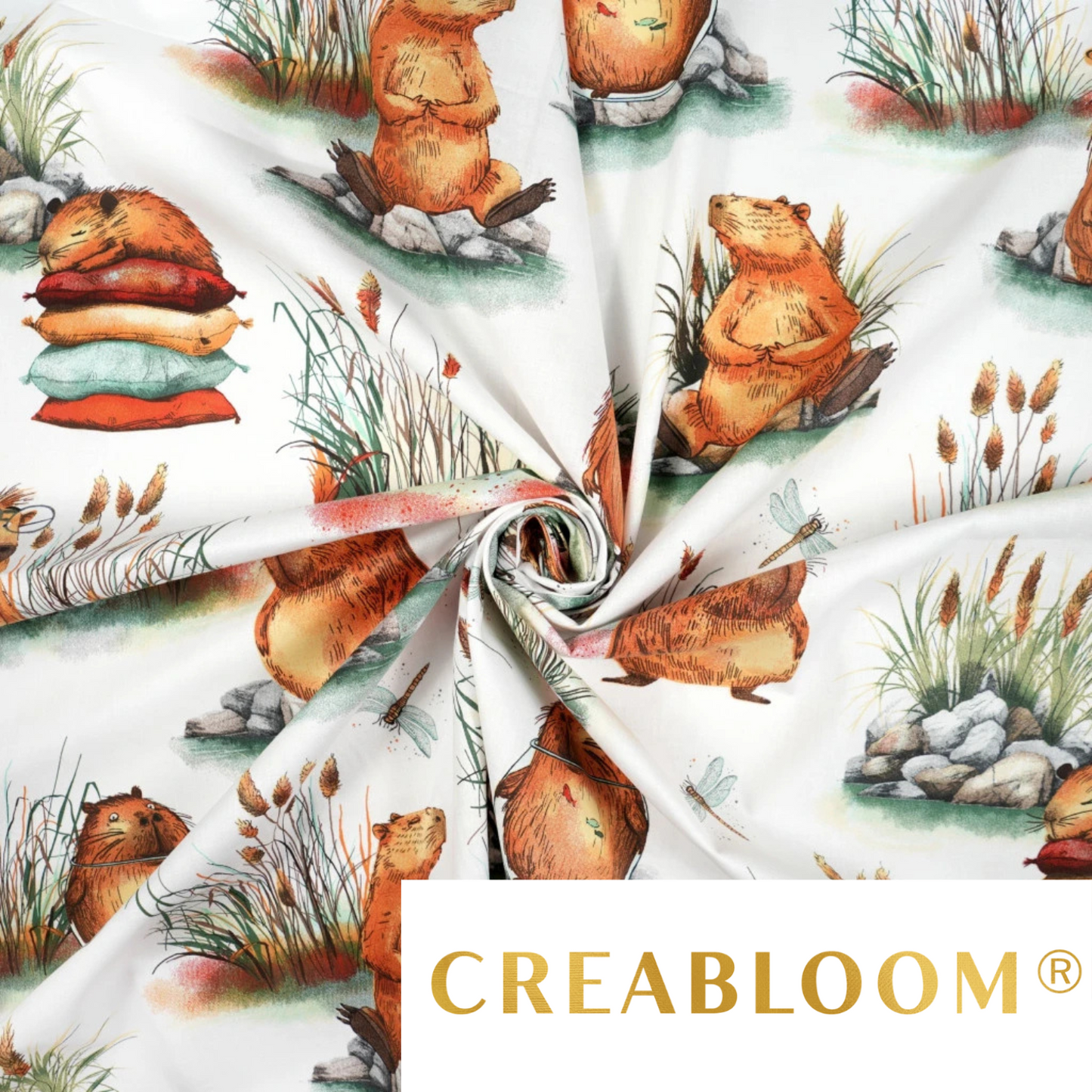 Tissu coton Motif capybara fond blanc