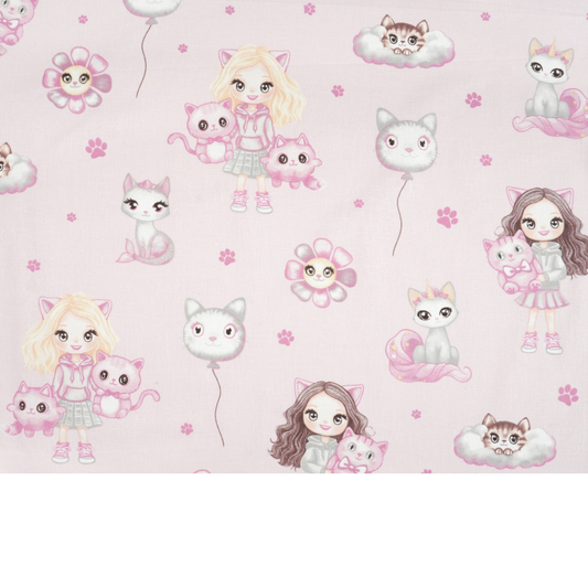 Tissu coton Motif petite fille et chat