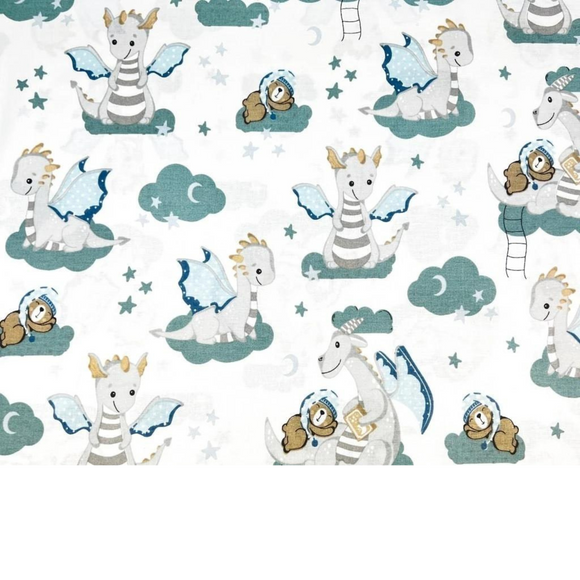 Tissu Coton Motif Dragons Fond Blanc