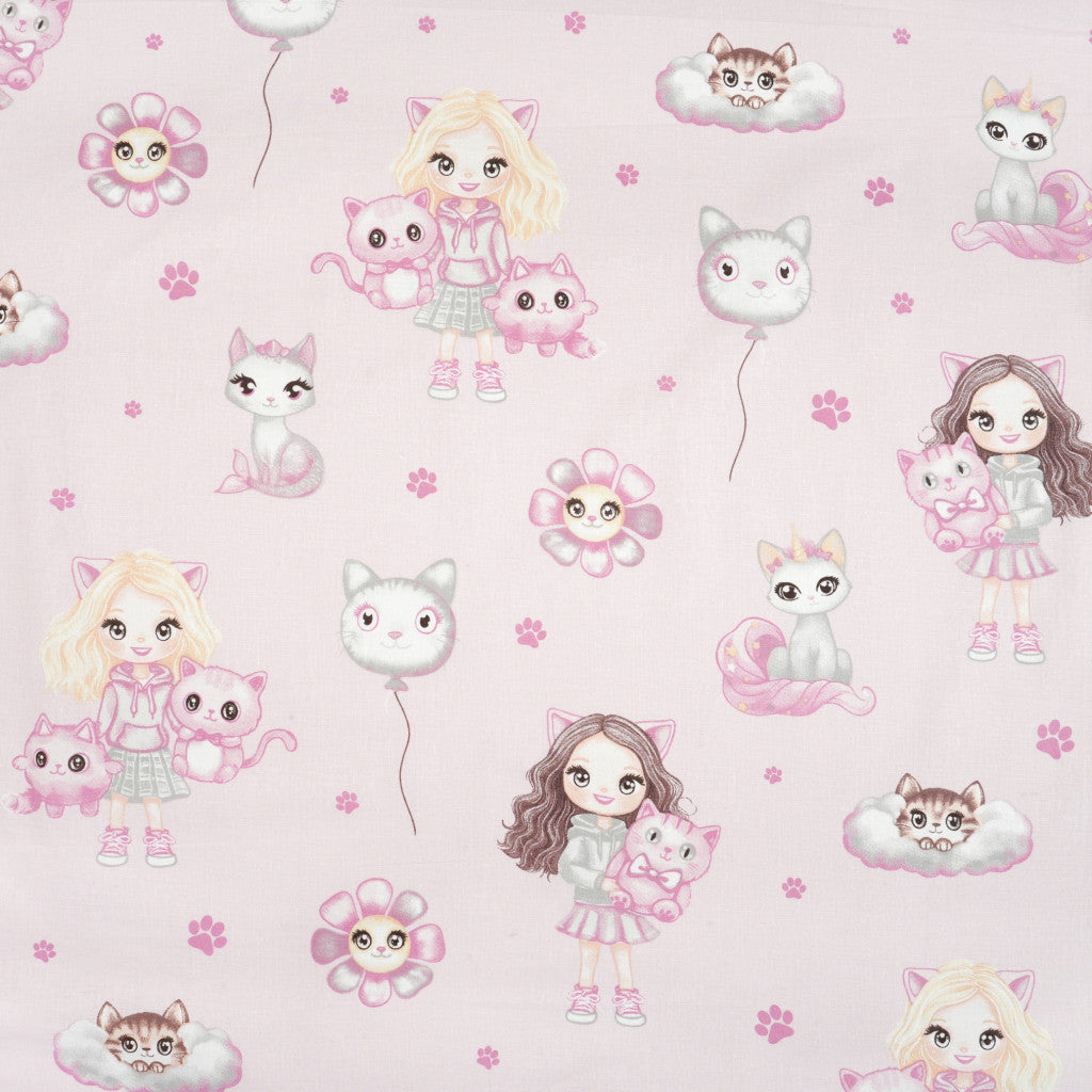 Tissu coton Motif petite fille et chat