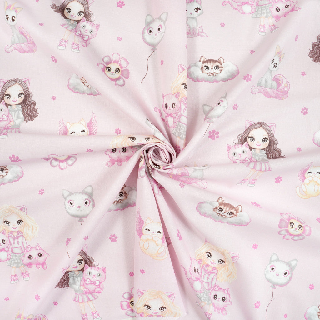 Tissu coton Motif petite fille et chat