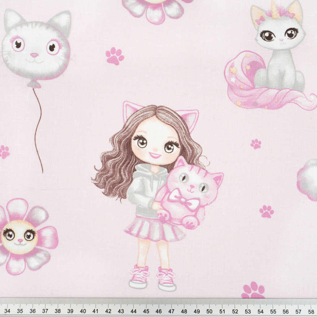 Tissu coton Motif petite fille et chat