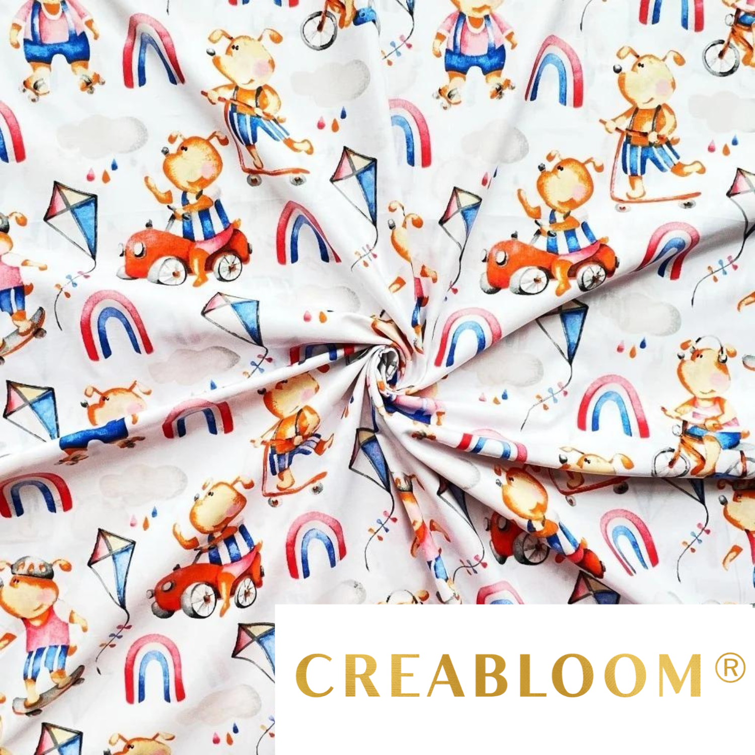 Tissu Coton Motif Chiens Et Arc-En-Ciel