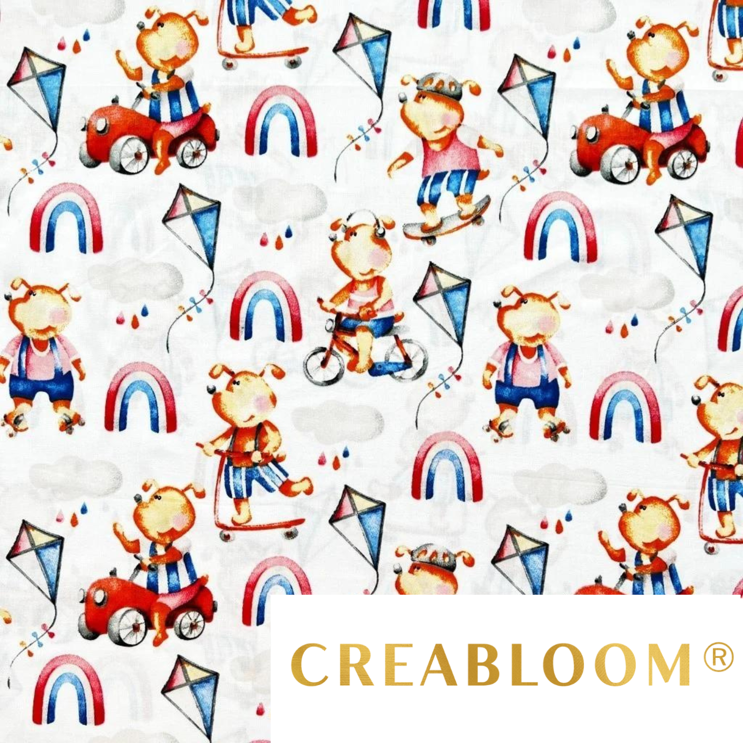 Tissu Coton Motif Chiens Et Arc-En-Ciel