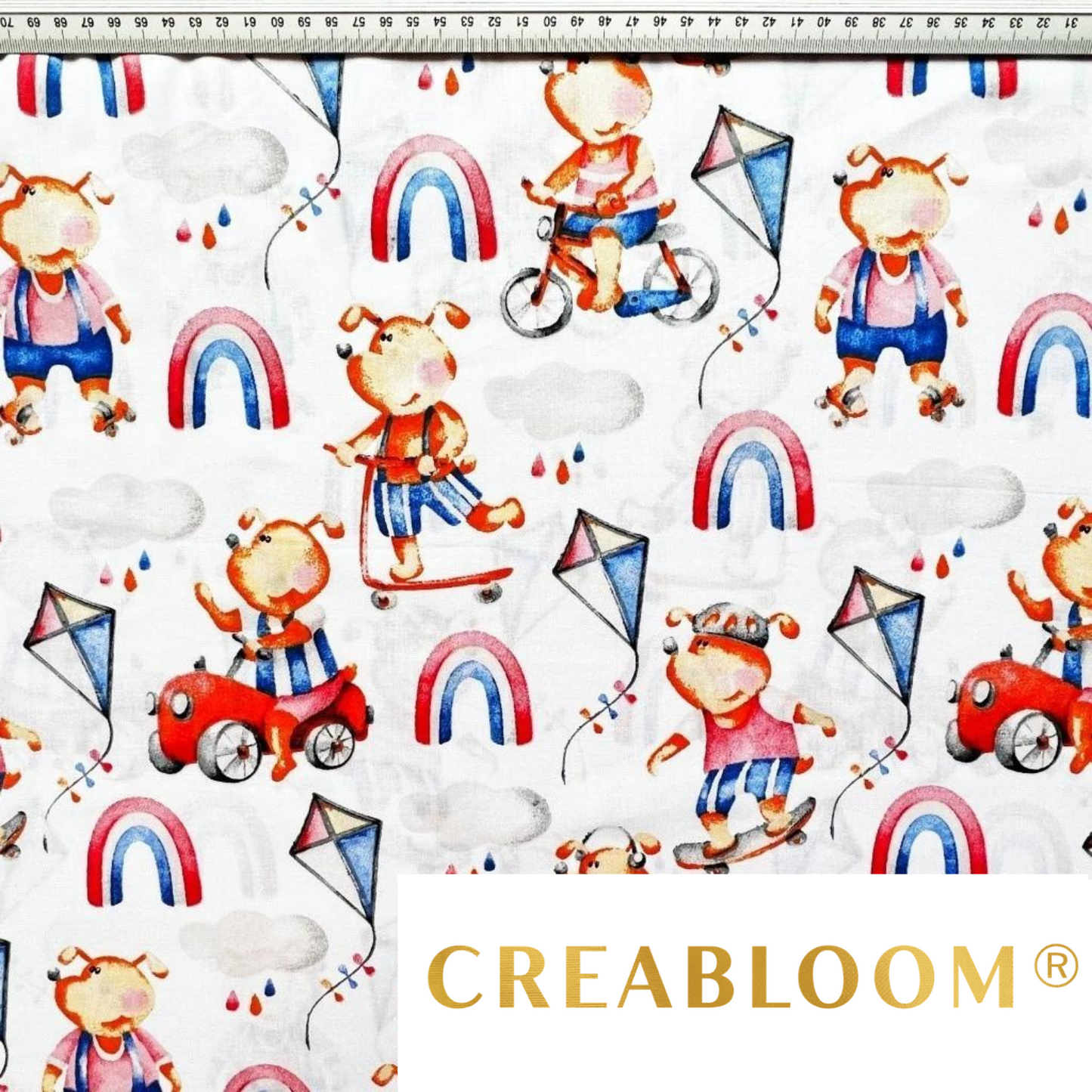 Tissu Coton Motif Chiens Et Arc-En-Ciel