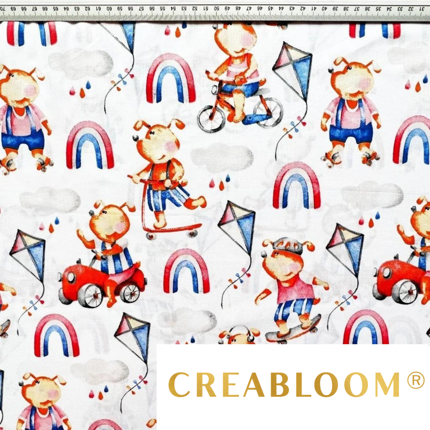 Tissu Coton Motif Chiens Et Arc-En-Ciel