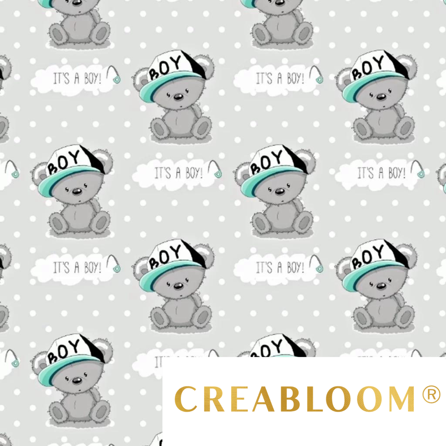 Tissu Coton Motif Oursons - Fond Gris
