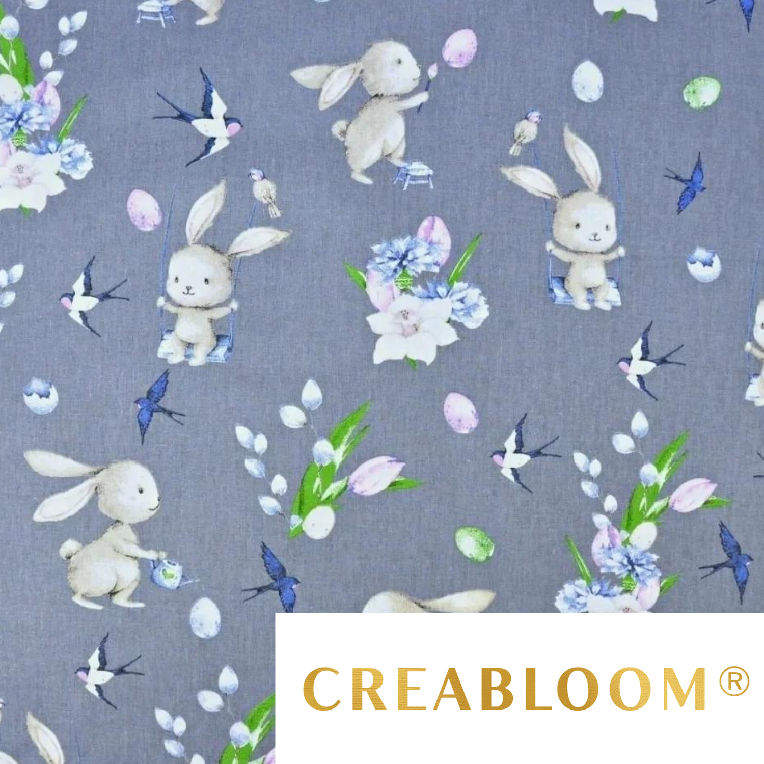 Tissu Coton Motif Lapins - Gris Foncé