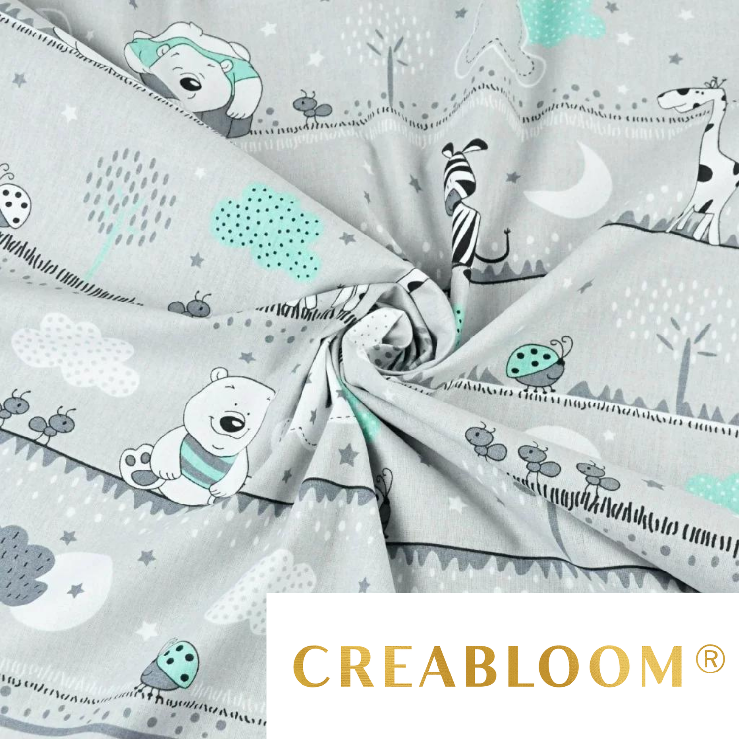 Tissu Coton Motif Animaux - Gris Et Menthe
