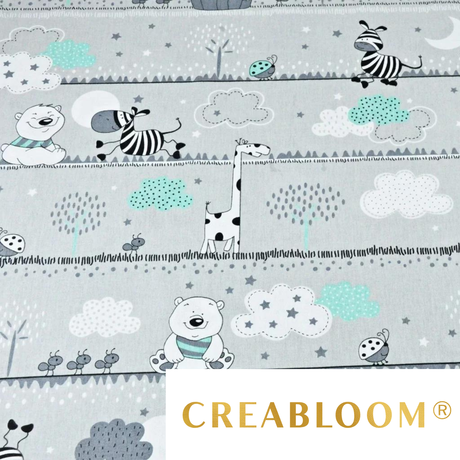 Tissu Coton Motif Animaux - Gris Et Menthe