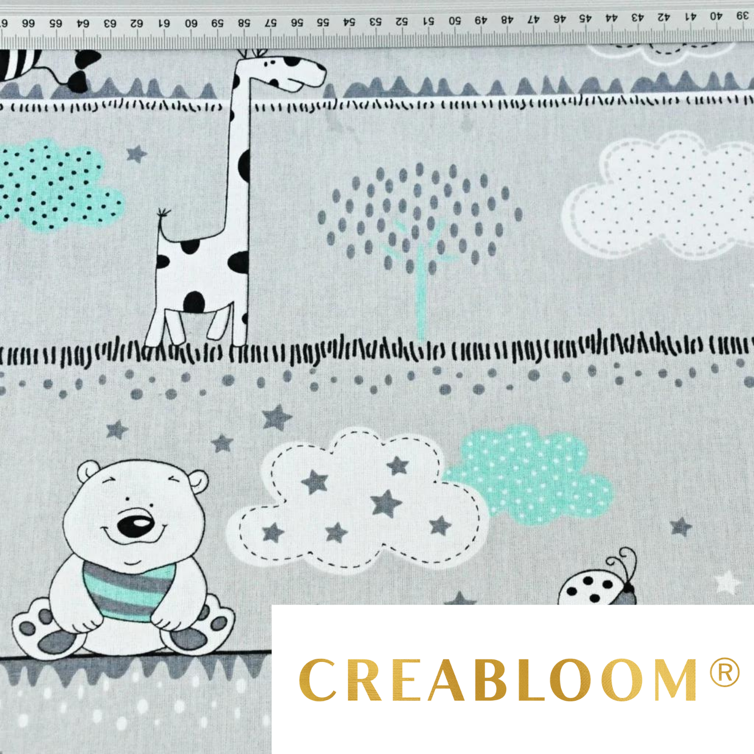 Tissu Coton Motif Animaux - Gris Et Menthe